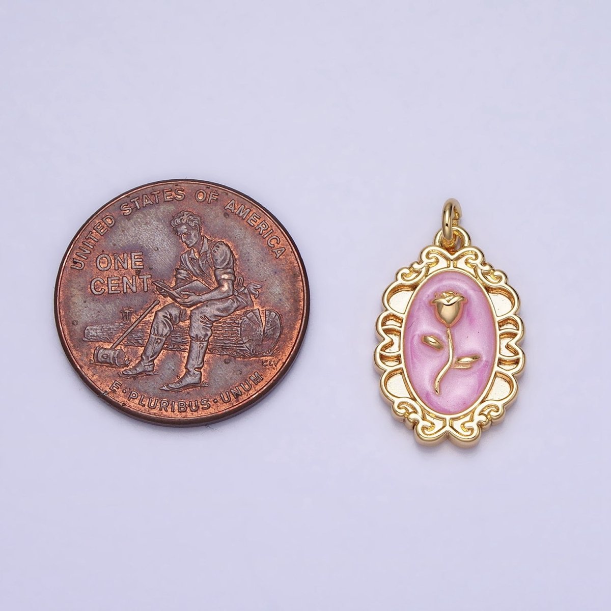 White, Blue, Pink Sparkly Enamel Rose Flower Oval Charm in Gold & Silver | AC649 - AC654