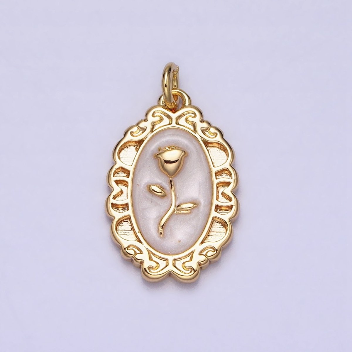 White, Blue, Pink Sparkly Enamel Rose Flower Oval Charm in Gold & Silver | AC649 - AC654