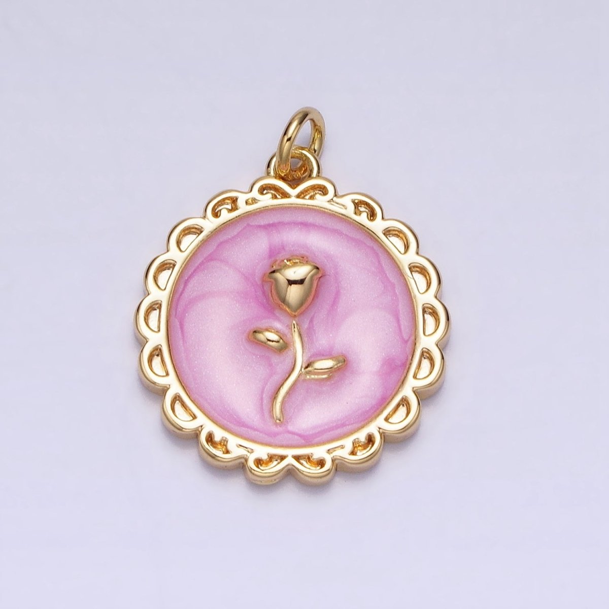 White, Blue, Pink Sparkly Enamel Rose Flower Round Charm in Gold & Silver | AC643 - AC648