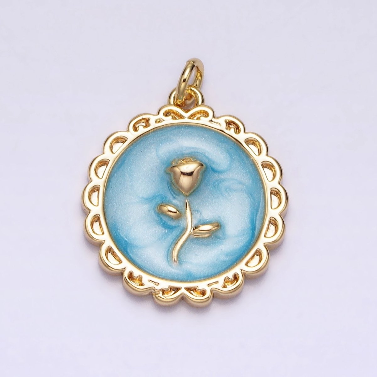 White, Blue, Pink Sparkly Enamel Rose Flower Round Charm in Gold & Silver | AC643 - AC648