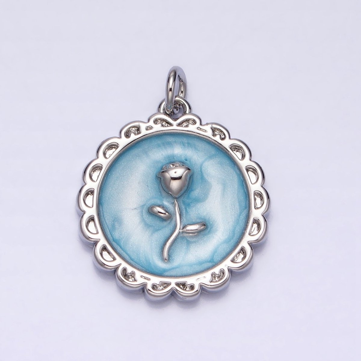 White, Blue, Pink Sparkly Enamel Rose Flower Round Charm in Gold & Silver | AC643 - AC648