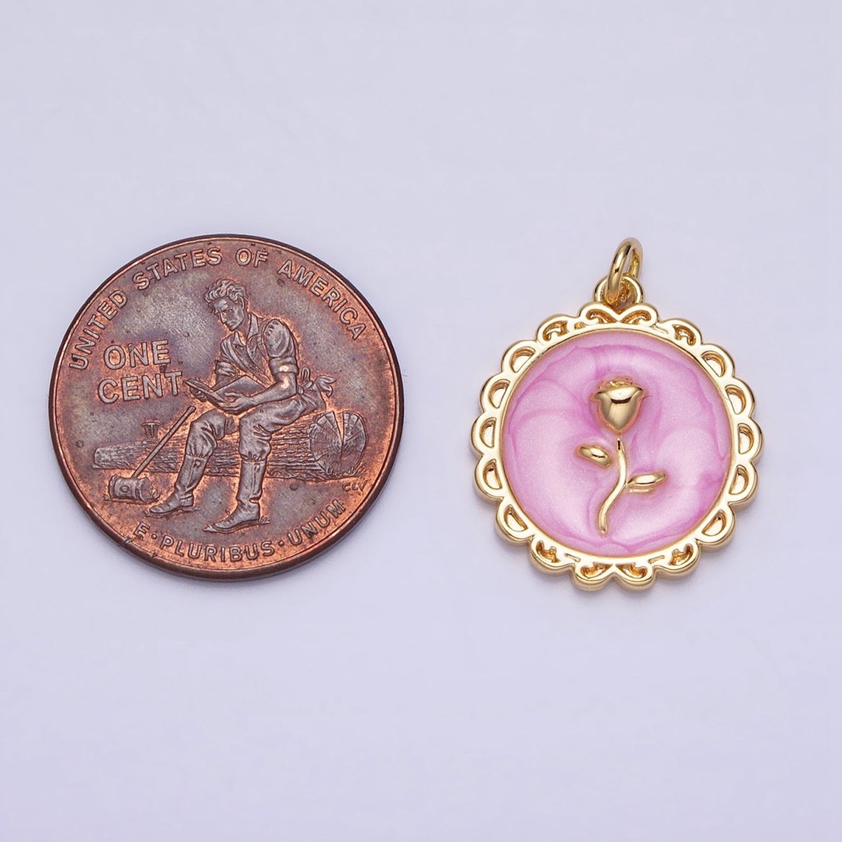 White, Blue, Pink Sparkly Enamel Rose Flower Round Charm in Gold & Silver | AC643 - AC648