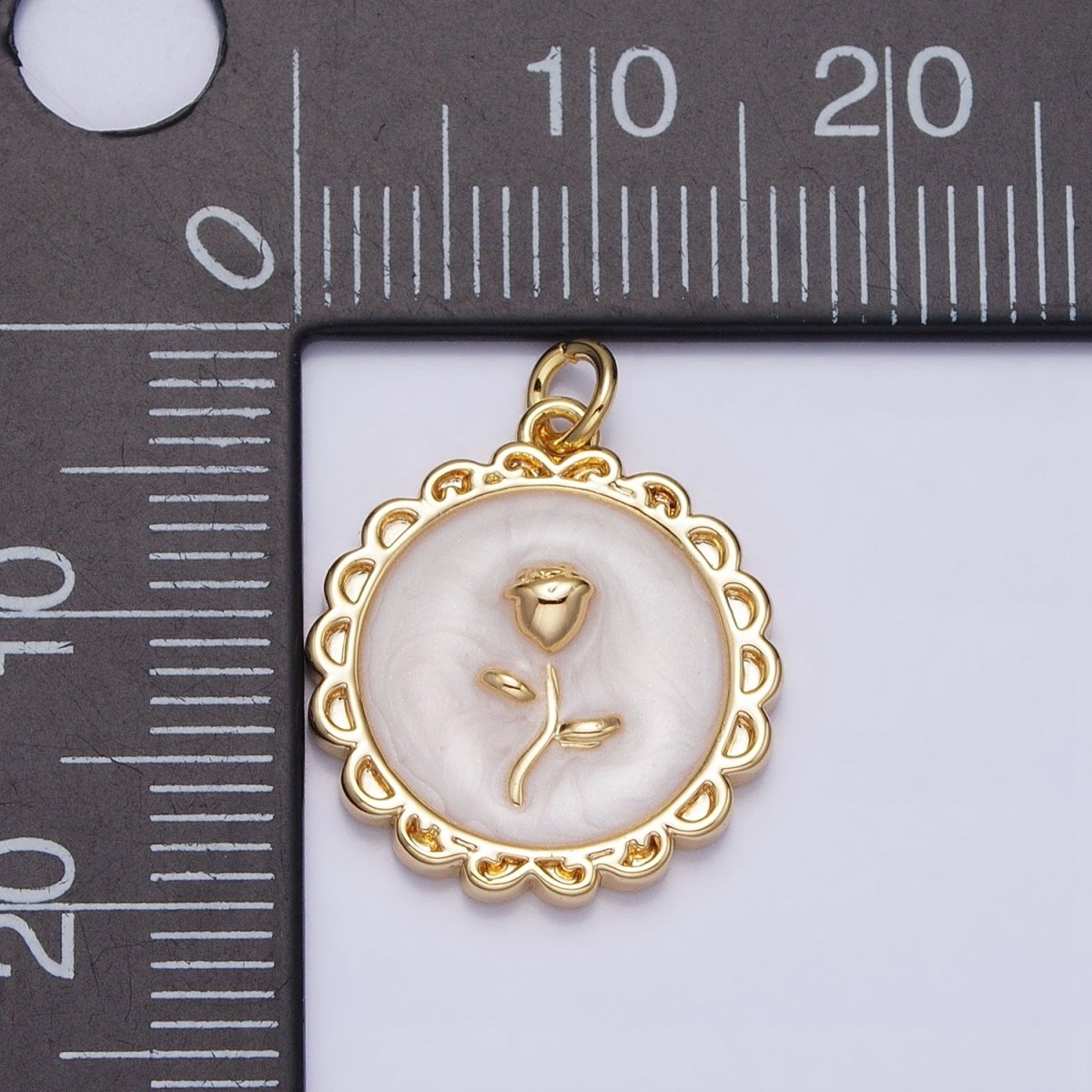 White, Blue, Pink Sparkly Enamel Rose Flower Round Charm in Gold & Silver | AC643 - AC648