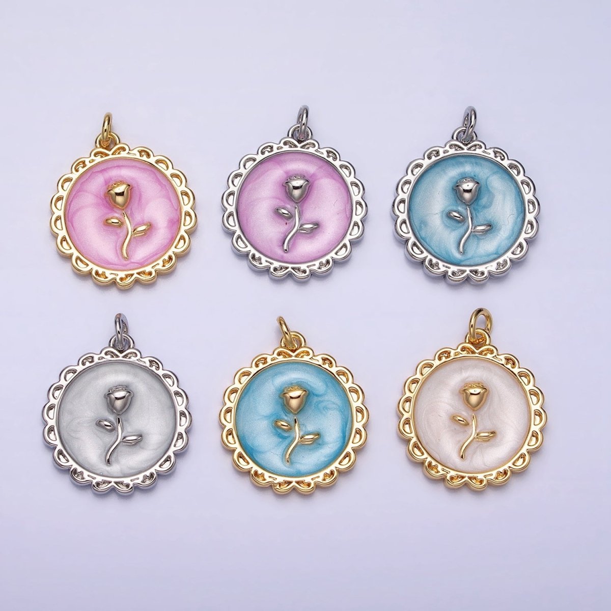 White, Blue, Pink Sparkly Enamel Rose Flower Round Charm in Gold & Silver | AC643 - AC648