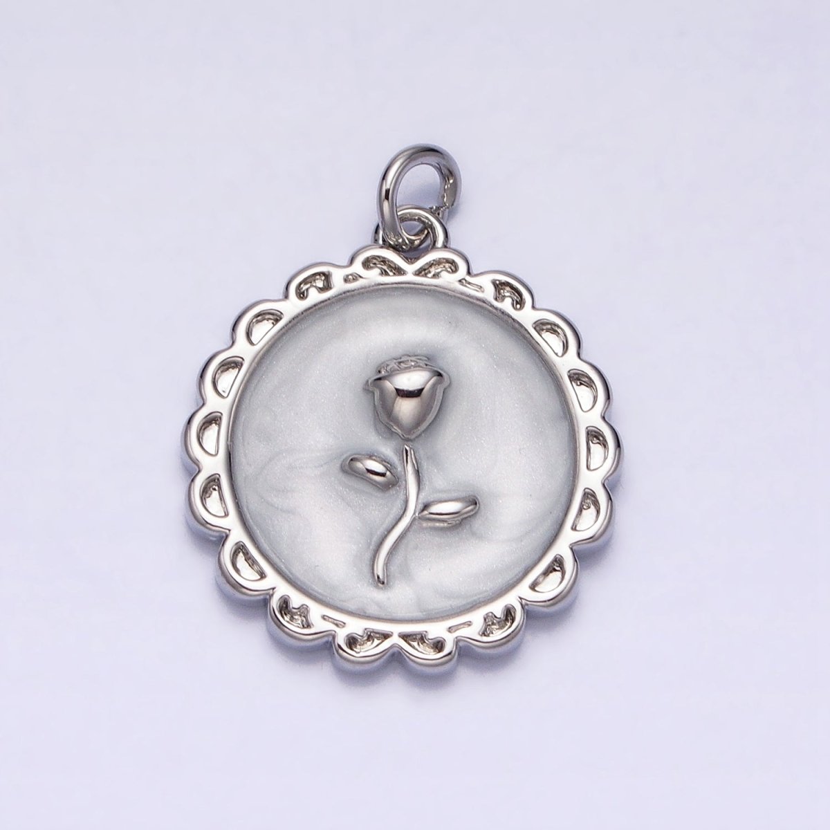 White, Blue, Pink Sparkly Enamel Rose Flower Round Charm in Gold & Silver | AC643 - AC648
