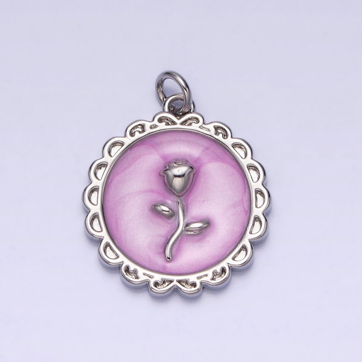 White, Blue, Pink Sparkly Enamel Rose Flower Round Charm in Gold & Silver | AC643 - AC648