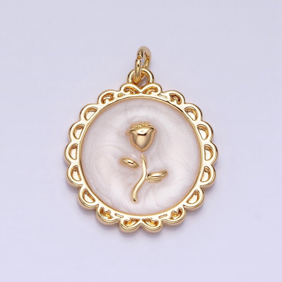 White, Blue, Pink Sparkly Enamel Rose Flower Round Charm in Gold & Silver | AC643 - AC648