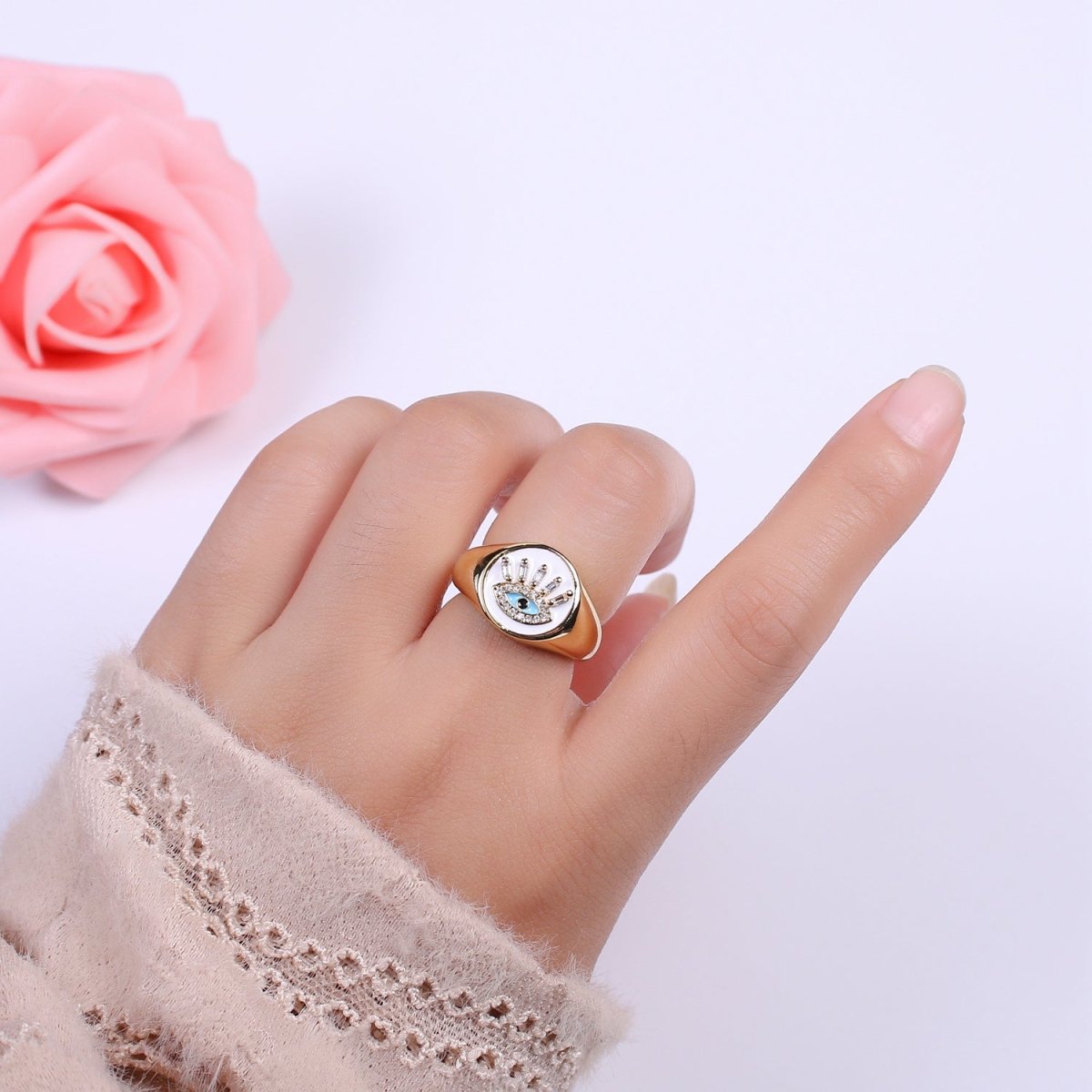 White Dome Evil Eye Ring, Protection Ring, Cubic Zirconia Eye Ring Amulet Boho Statement Jewelry U-201 ~ U-206
