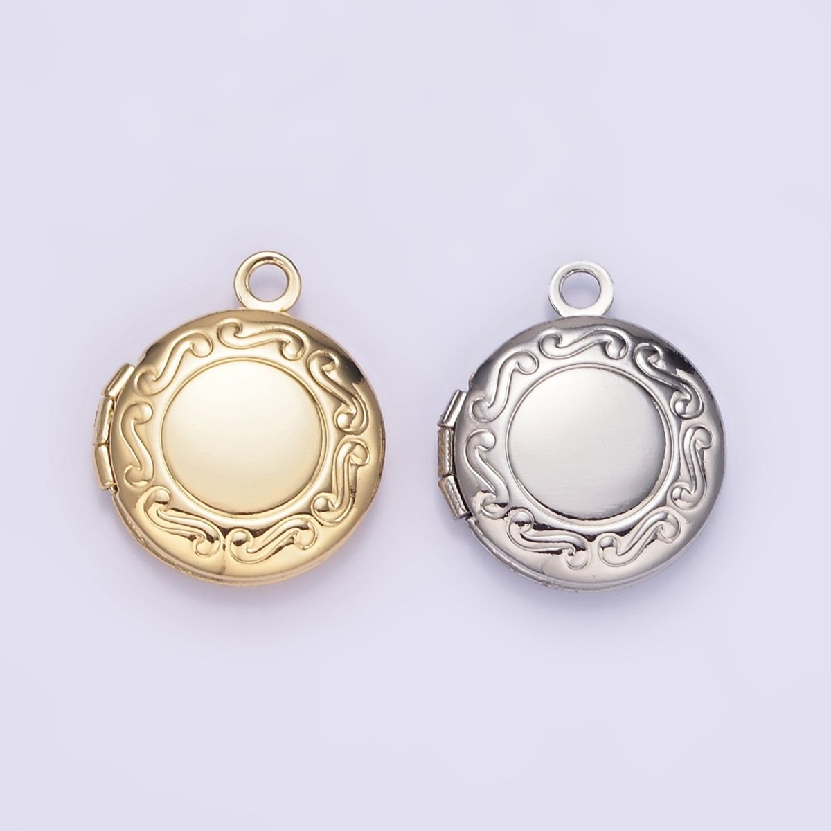 White Gold Filled 16mm Curved Engraved Round Locket Charm in Gold & Silver | H357
