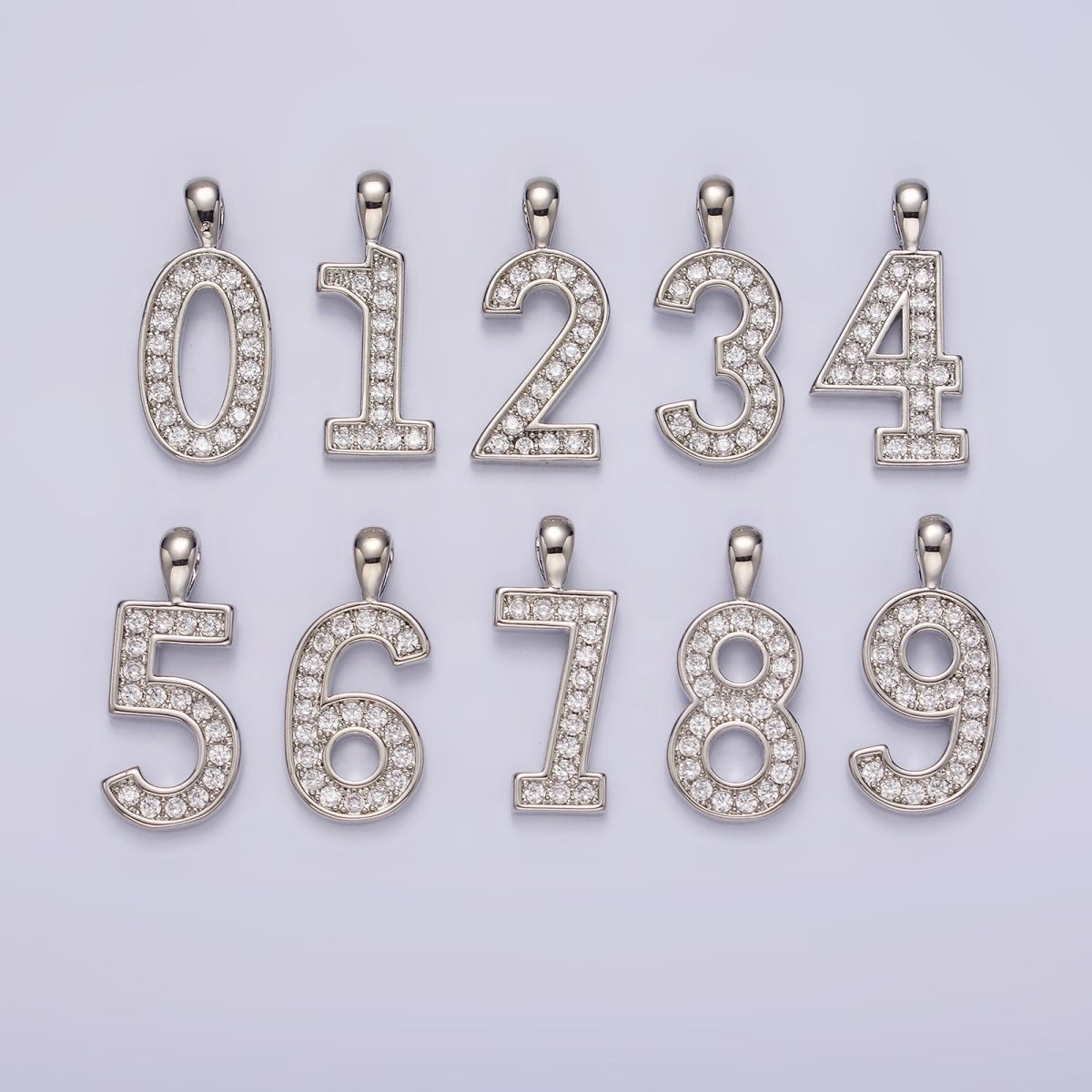 White Gold Filled 21.5mm Clear Micro Paved CZ Number 0-9 Pendant | N1246 - N1255
