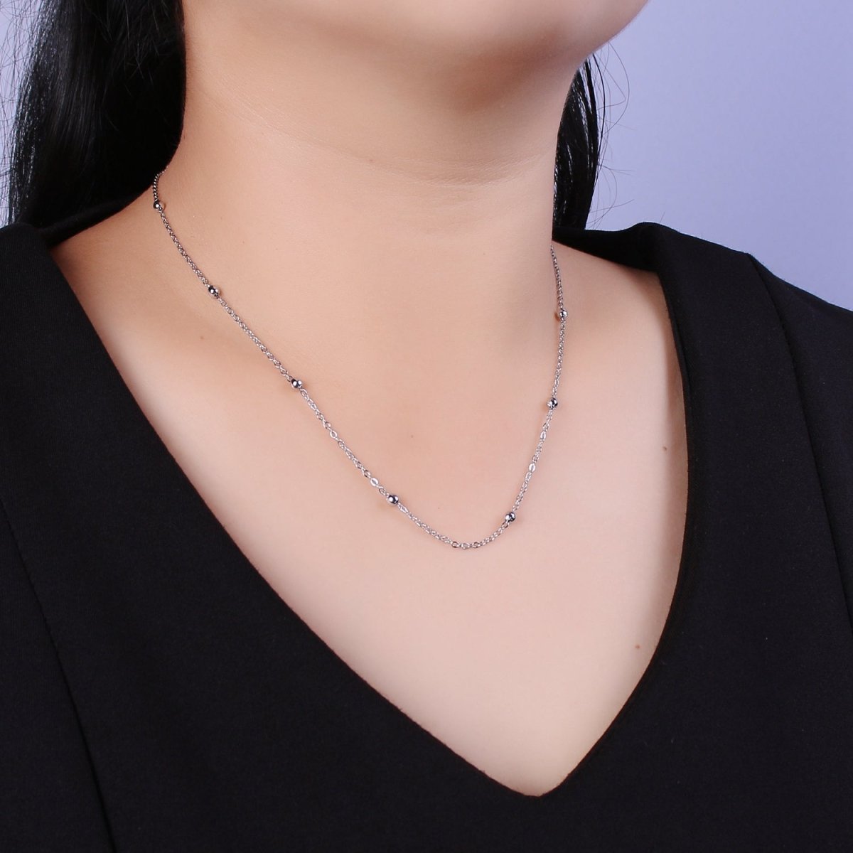 White Gold Filled 3.3mm Satellite Bead Rolo 18 Inch Layering Chain Necklace w. Extender | WA-433 Clearance Pricing