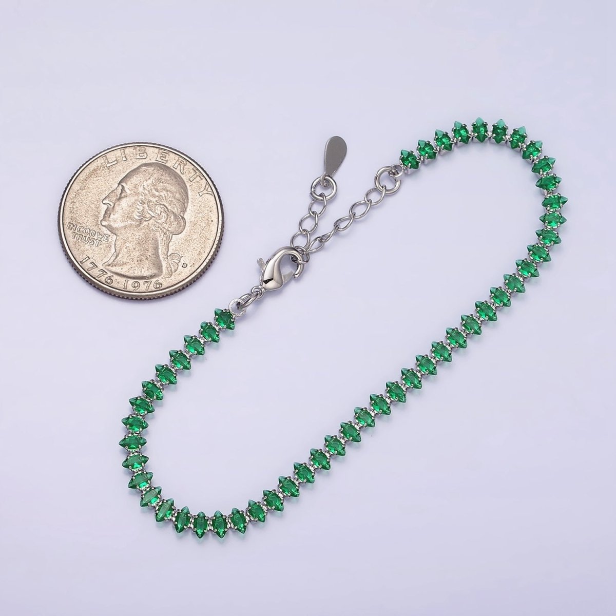 White Gold Filled 4mm Clear, Pink, Green CZ Marquise Tennis 6.5 Inch Bracelet with Extender | WA-1810 - WA-1812 Clearance Pricing
