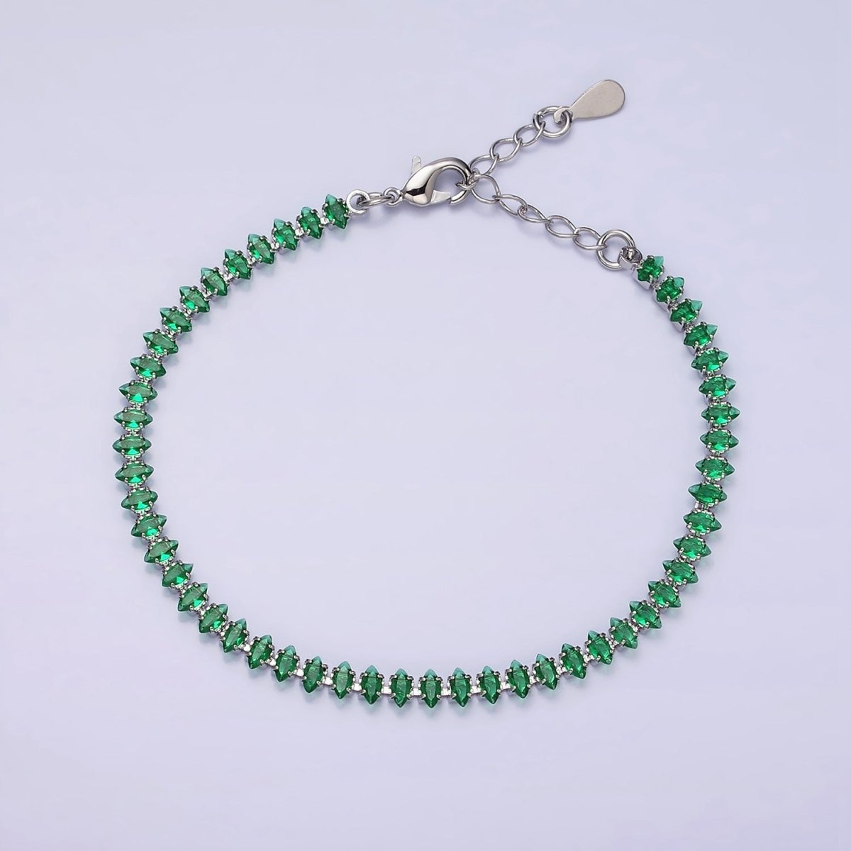 White Gold Filled 4mm Clear, Pink, Green CZ Marquise Tennis 6.5 Inch Bracelet with Extender | WA-1810 - WA-1812 Clearance Pricing