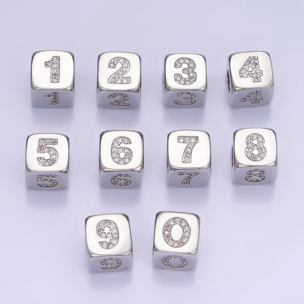 White Gold Filled 9mm Micro Paved CZ Numerical Number Cube Bead | B915 - B919