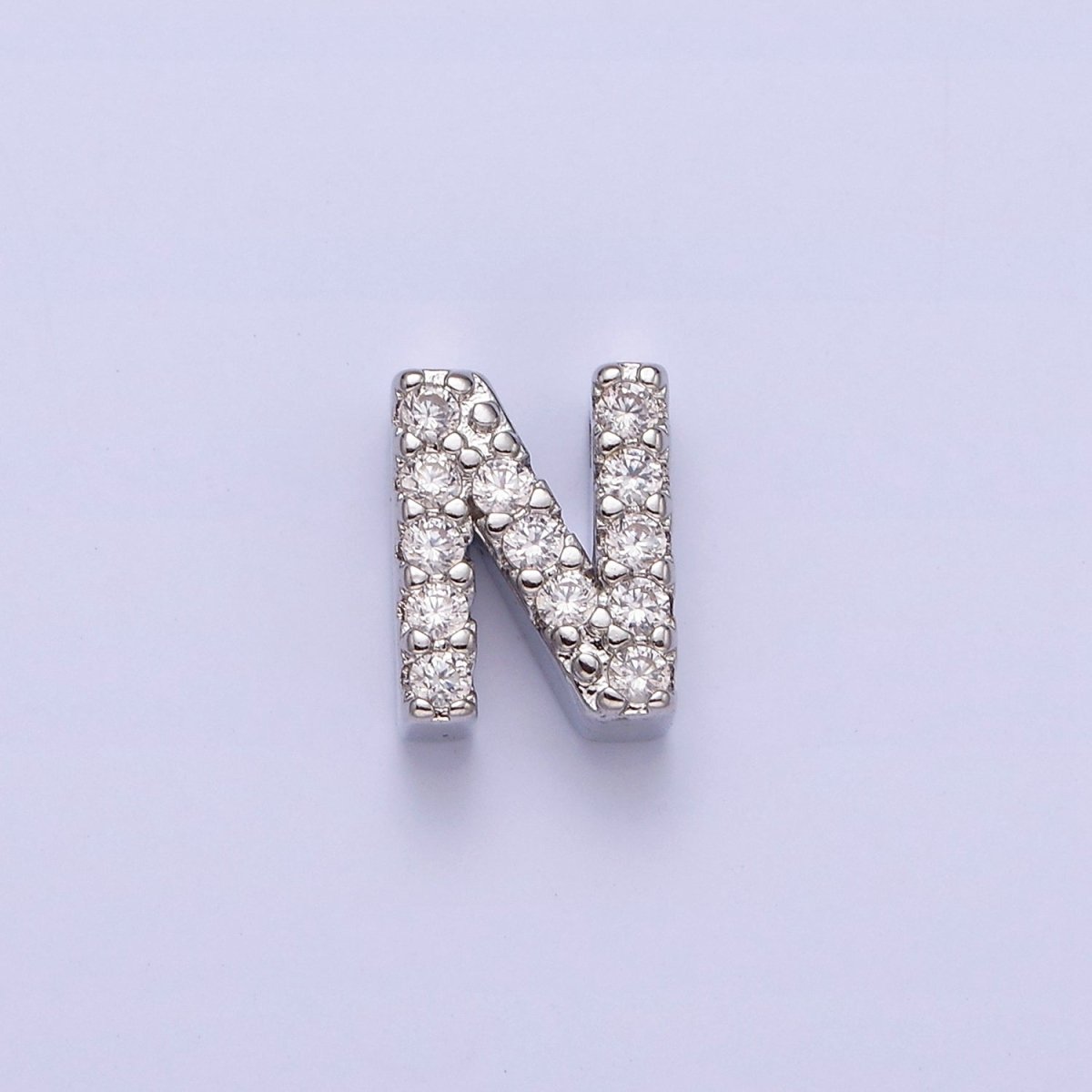 Silver A-Z Initial Letters Clear Micro Paved CZ Personalized Bead Spacer | A-611-A-623