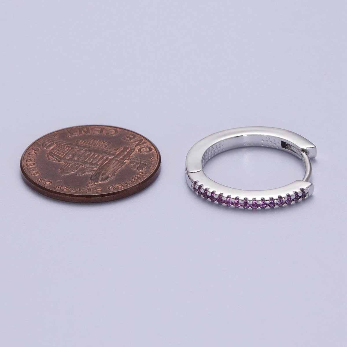 White Gold Filled Blue, Fuchsia Micro Paved CZ 17mm Silver Huggie Earrings | AB012 AB014