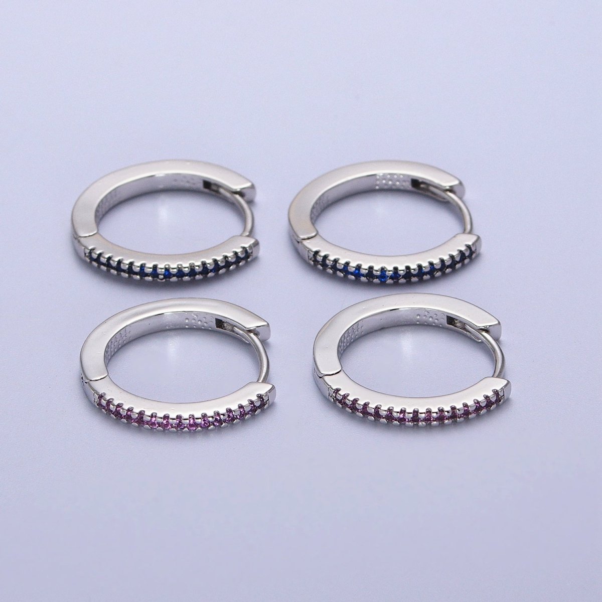 White Gold Filled Blue, Fuchsia Micro Paved CZ 17mm Silver Huggie Earrings | AB012 AB014