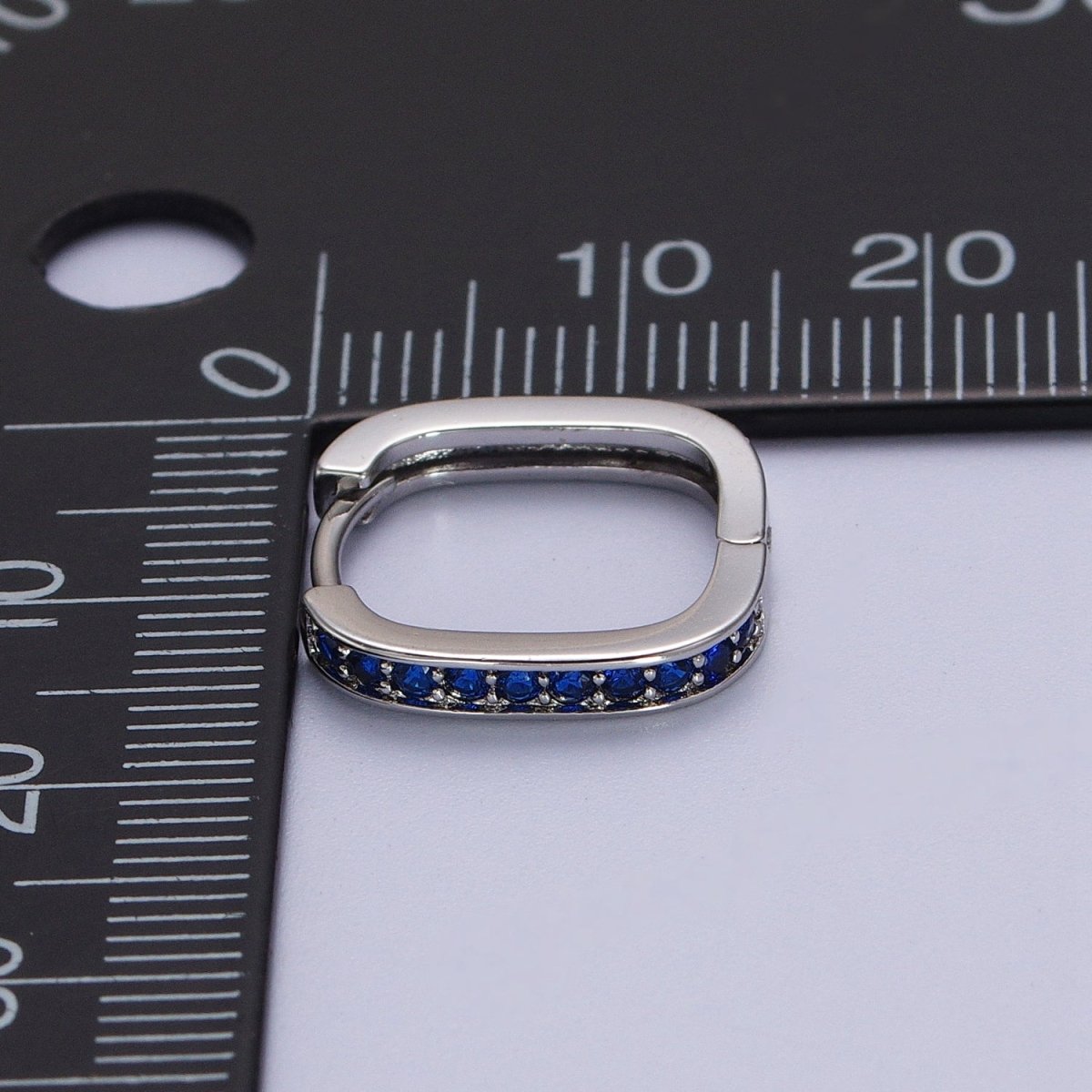 White Gold Filled Blue Micro Paved CZ Lined Silver Square Huggie Earrings P-499 - DLUXCA