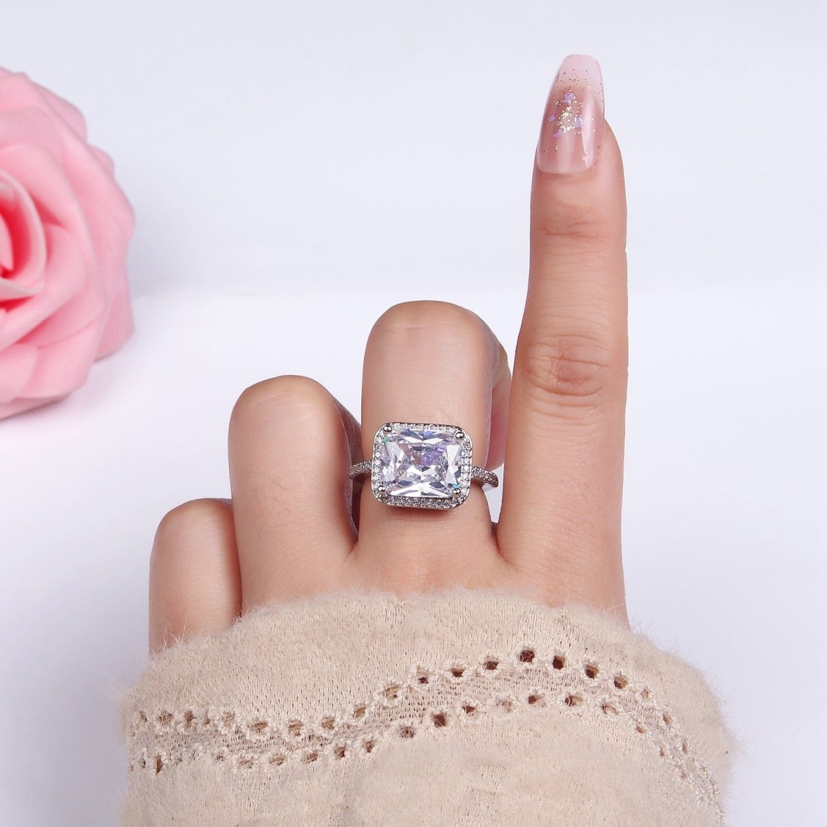 White Gold Filled Clear Baguette Micro Paved CZ Solitaire Ring | O1328