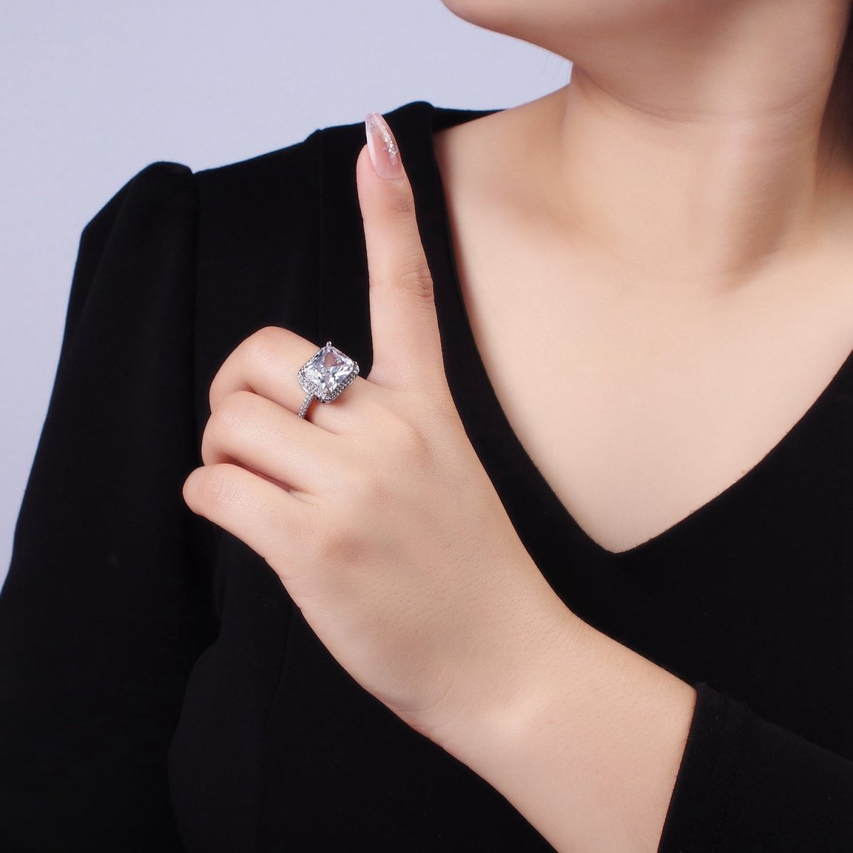 White Gold Filled Clear Baguette Micro Paved CZ Solitaire Ring | O1328