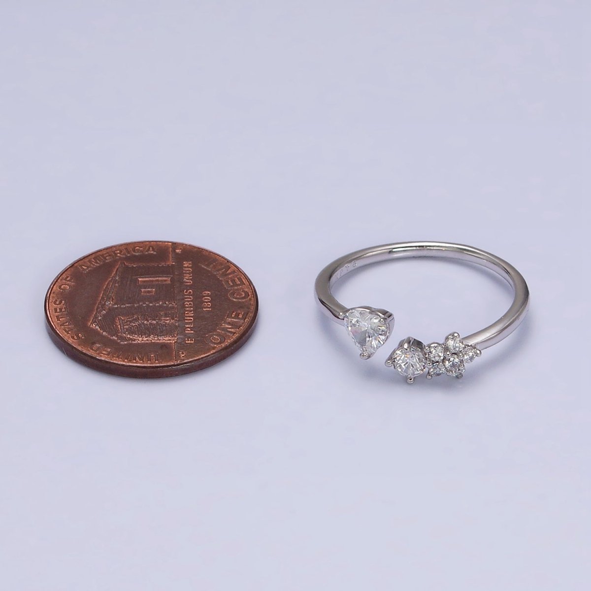 White Gold Filled Clear CZ Heart Flower Open Adjustable Ring | O-012 - DLUXCA