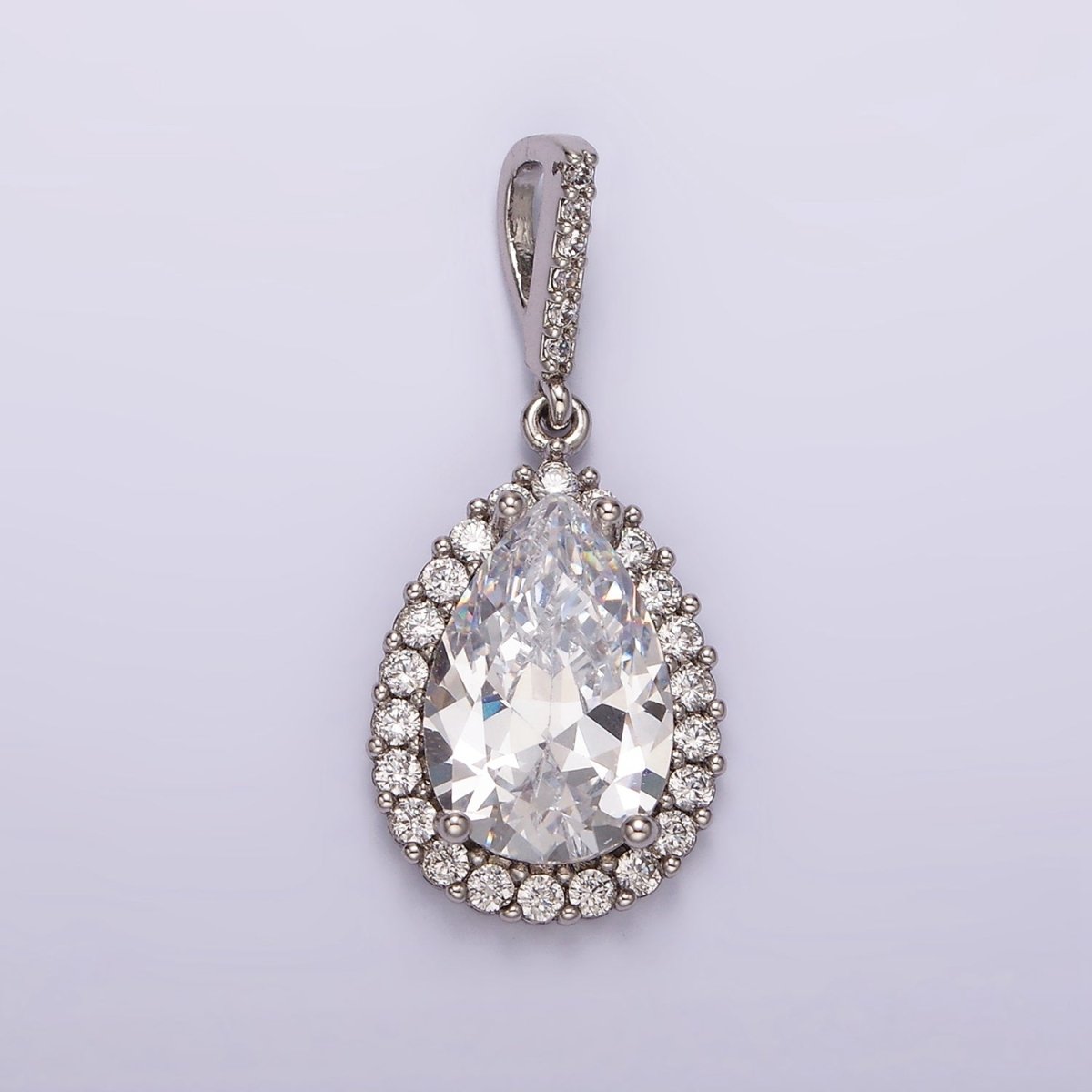 White Gold Filled Clear CZ Lined Teardrop Micro Paved Pendant | AA1124 - DLUXCA
