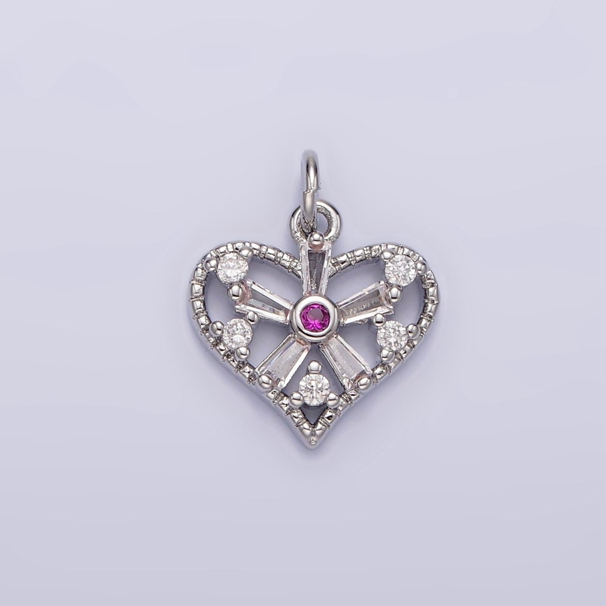White Gold Filled Clear, Fuchsia, Green, Baguette Flower CZ Open Heart Charm | N1142 - N1144