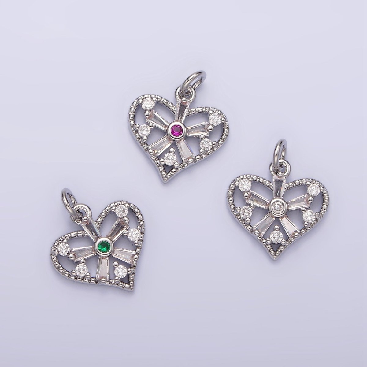 White Gold Filled Clear, Fuchsia, Green, Baguette Flower CZ Open Heart Charm | N1142 - N1144