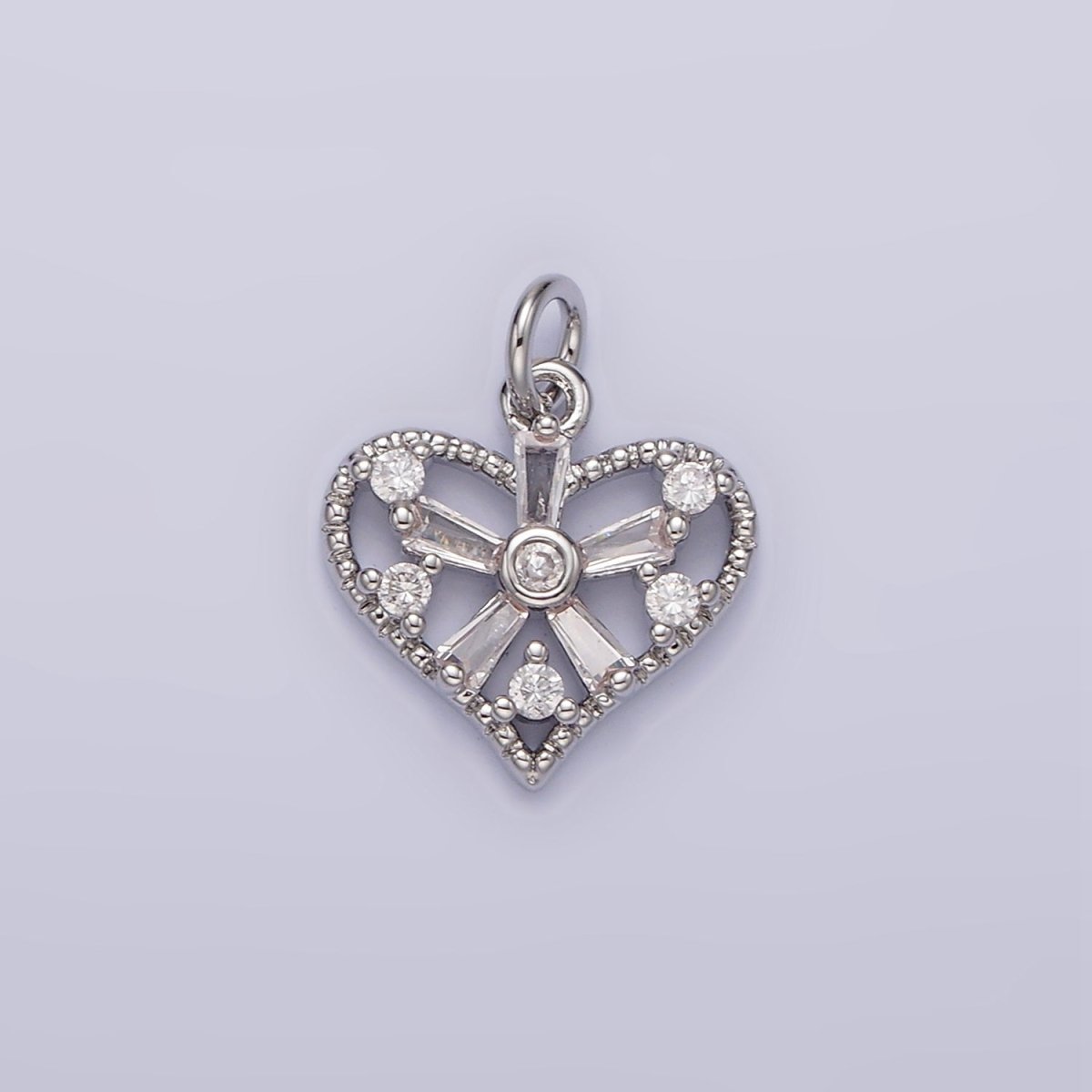White Gold Filled Clear, Fuchsia, Green, Baguette Flower CZ Open Heart Charm | N1142 - N1144