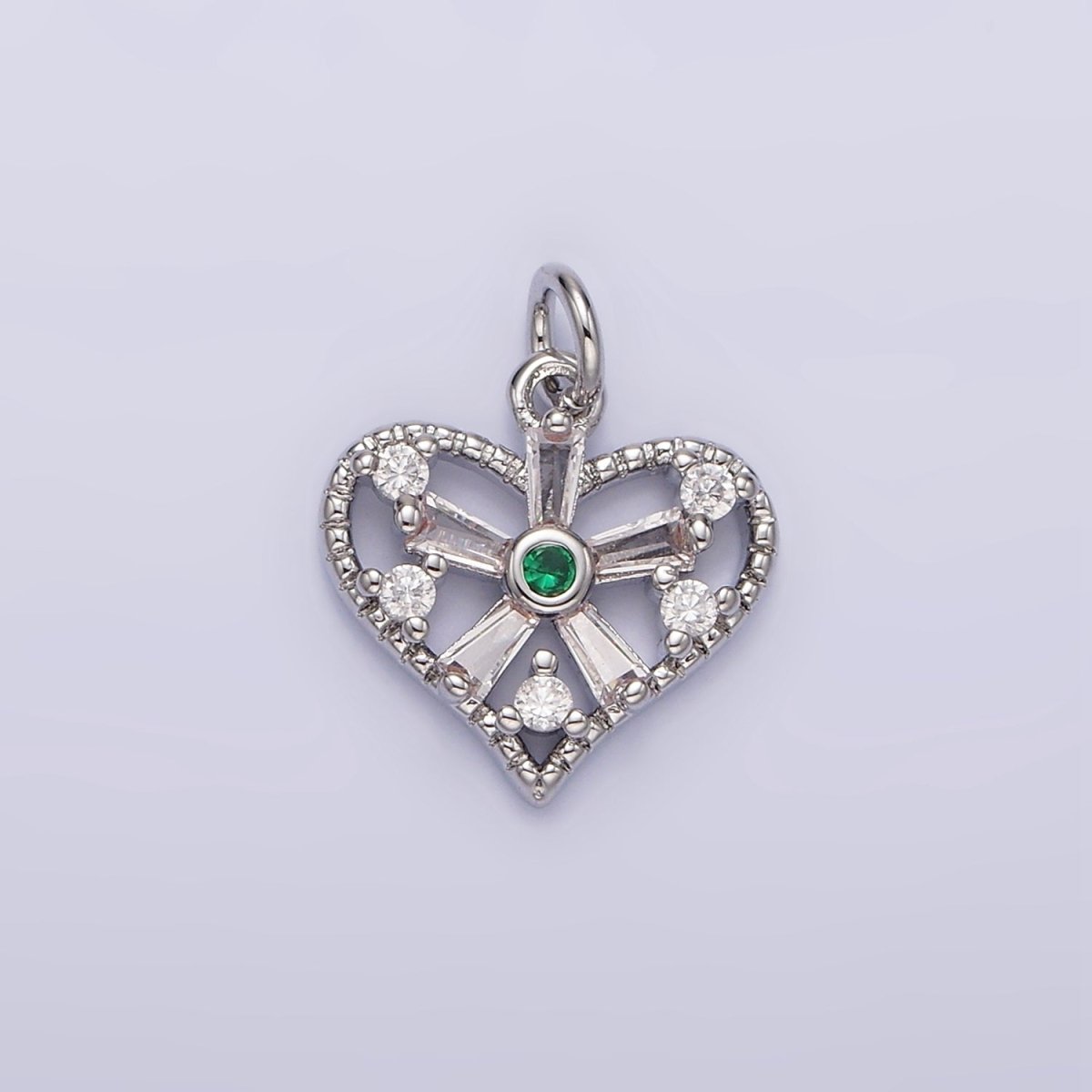White Gold Filled Clear, Fuchsia, Green, Baguette Flower CZ Open Heart Charm | N1142 - N1144
