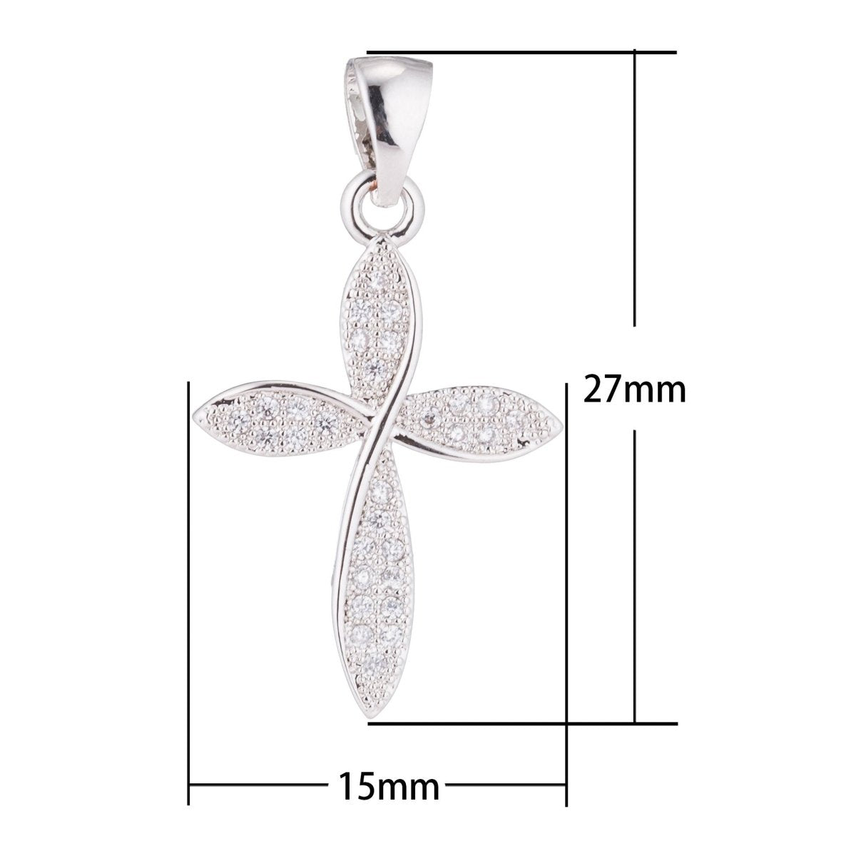 White Gold Filled Clear Micro Paved CZ Religious Curved Cross Pendant | H361 - DLUXCA