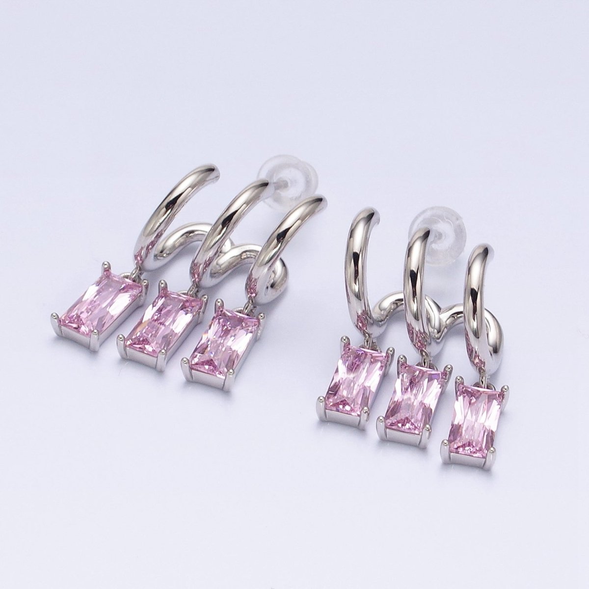 White Gold Filled Clear, Pink Baguette CZ Drop Triple Claw Stud Earrings | AD1399 AD1400