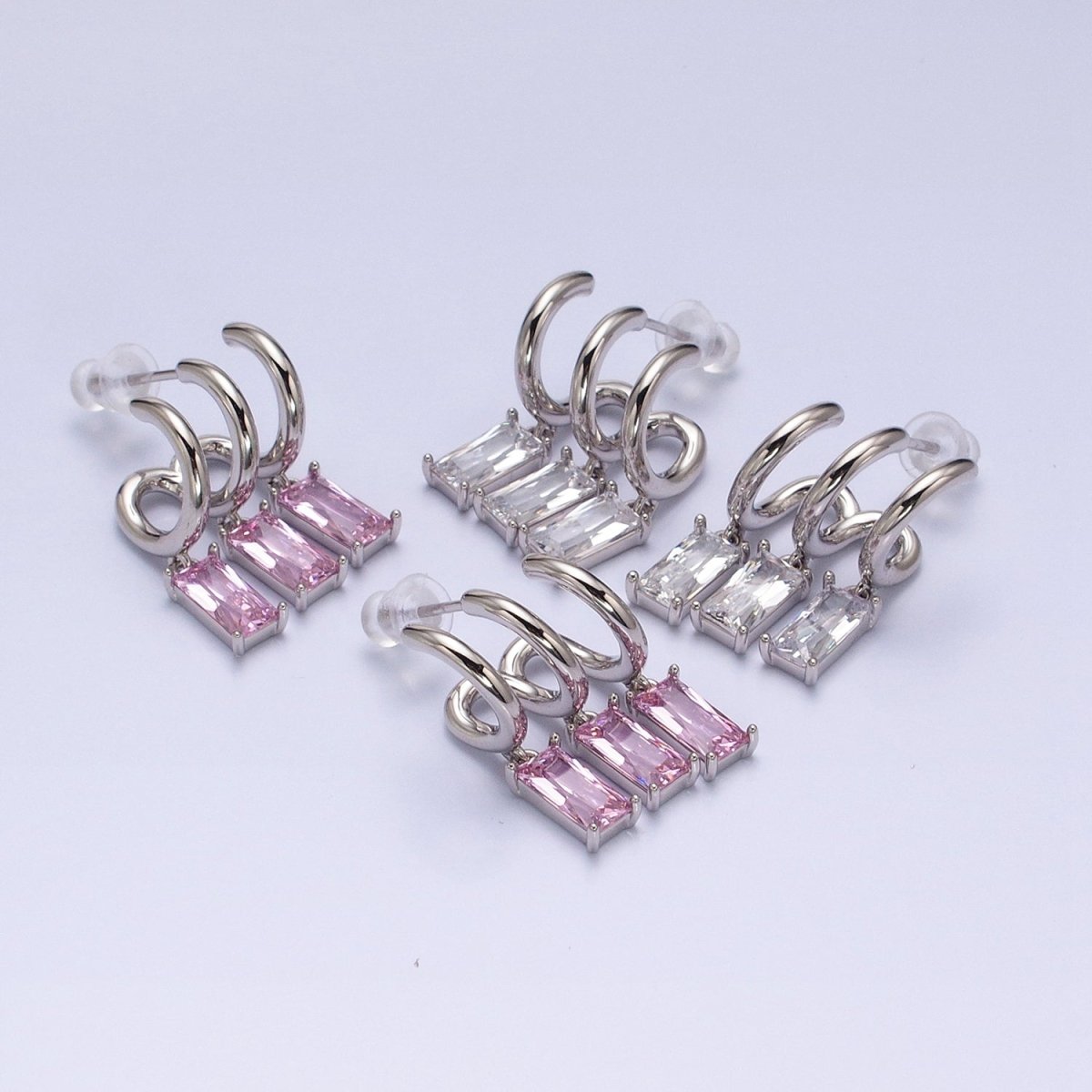 White Gold Filled Clear, Pink Baguette CZ Drop Triple Claw Stud Earrings | AD1399 AD1400