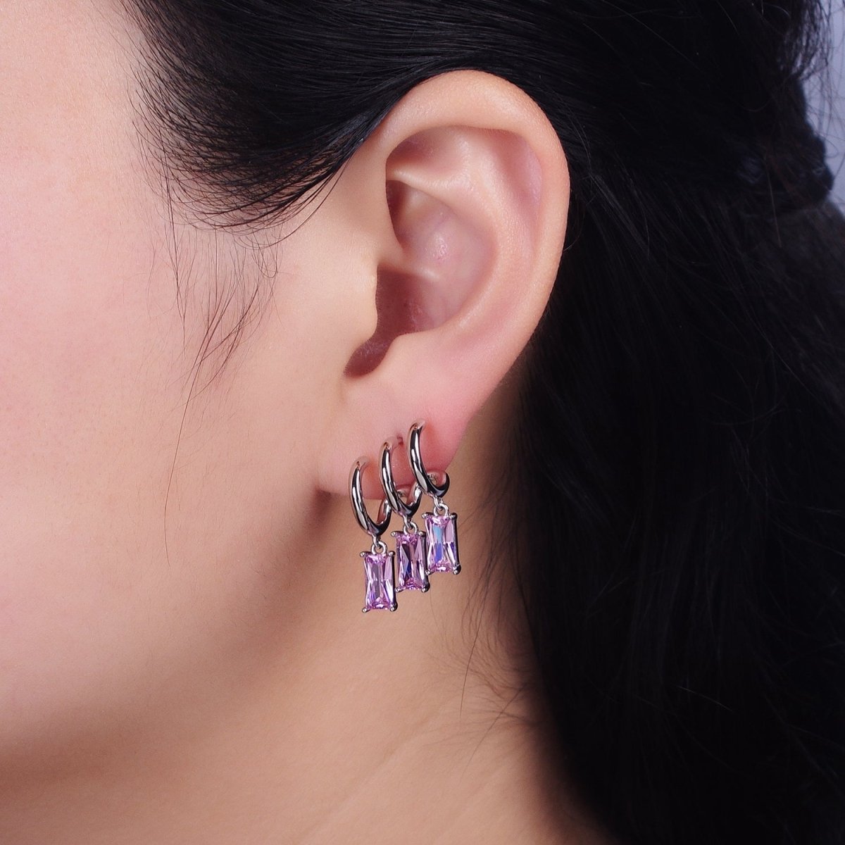 White Gold Filled Clear, Pink Baguette CZ Drop Triple Claw Stud Earrings | AD1399 AD1400