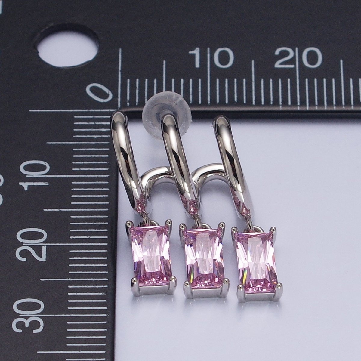 White Gold Filled Clear, Pink Baguette CZ Drop Triple Claw Stud Earrings | AD1399 AD1400