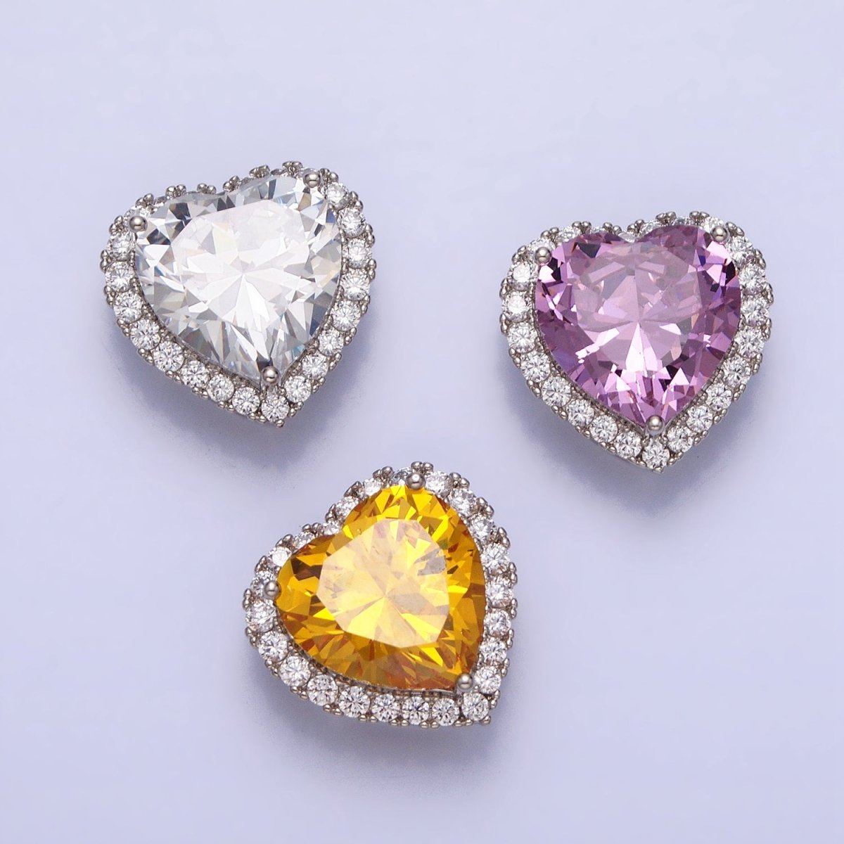 White Gold Filled Clear, Pink, Yellow CZ Heart Micro Paved Bead Pendant | AA245 - AA247