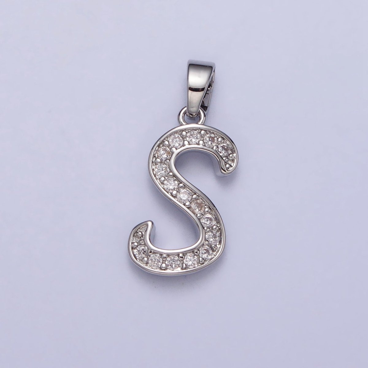 White Gold Filled Dainty Initial Letter Script A-Z Micro Paved CZ Personalized Pendant | A-390-A-402