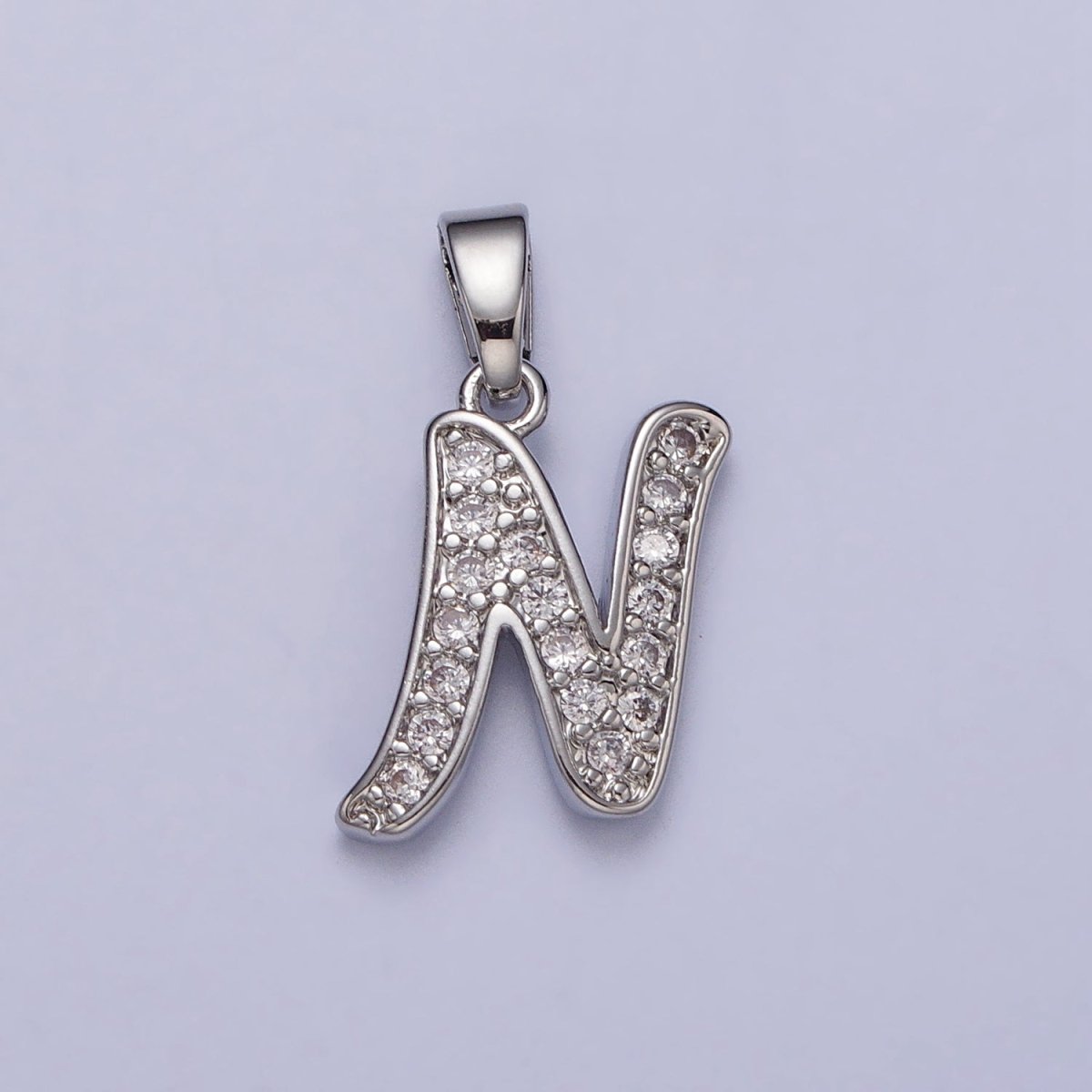 White Gold Filled Dainty Initial Letter Script A-Z Micro Paved CZ Personalized Pendant | A-390-A-402