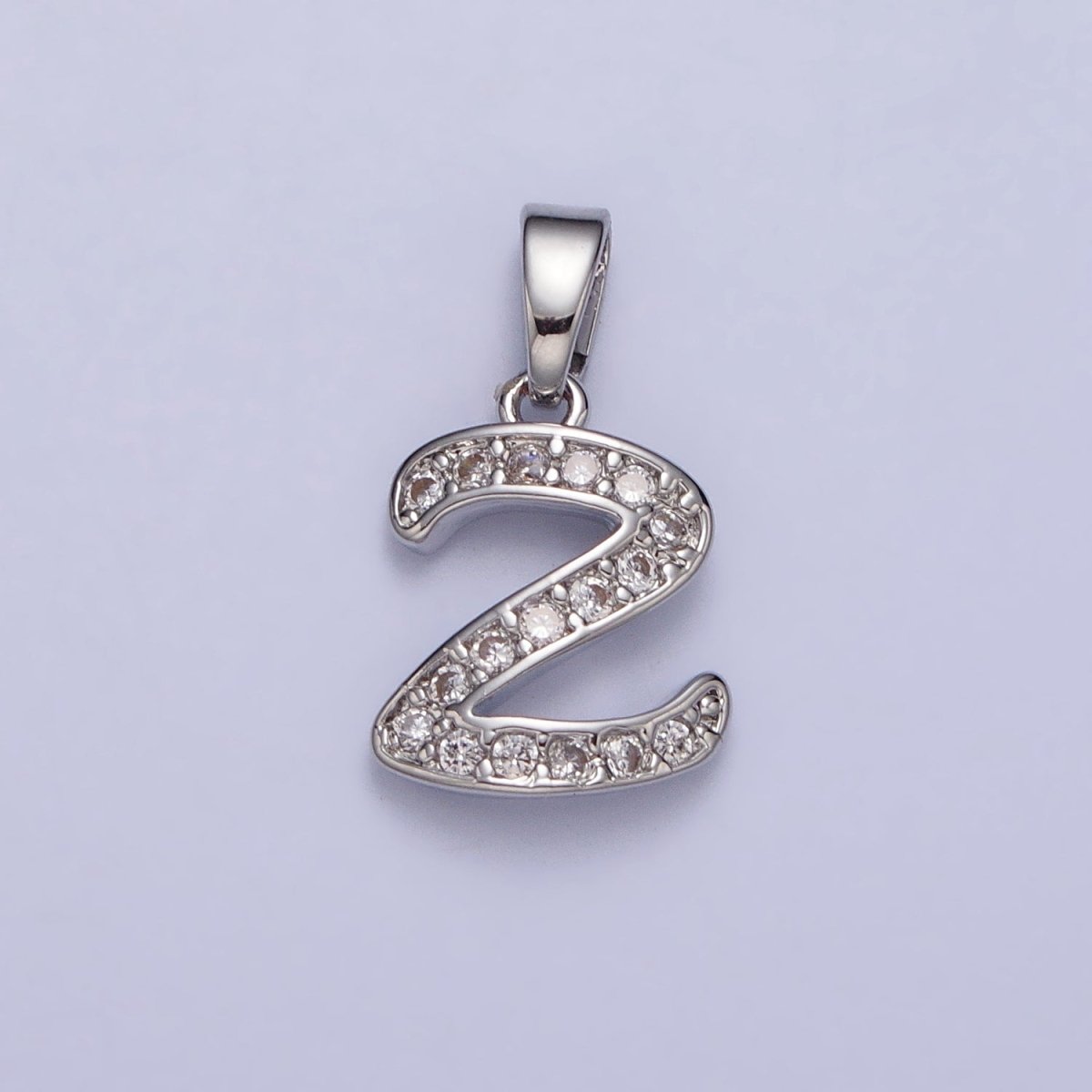 White Gold Filled Dainty Initial Letter Script A-Z Micro Paved CZ Personalized Pendant | A-390-A-402