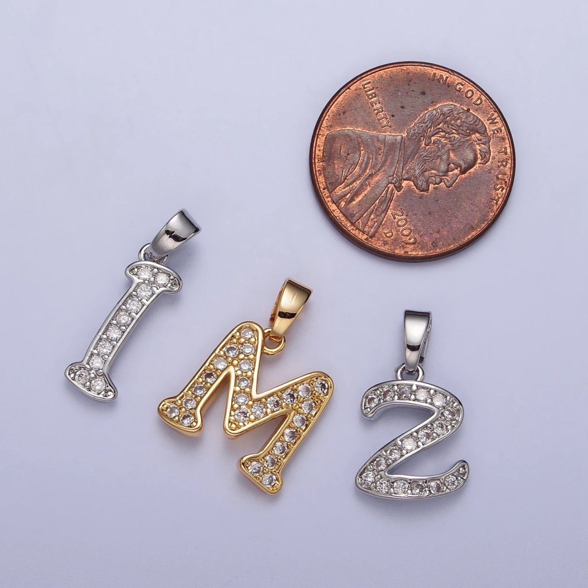 White Gold Filled Dainty Initial Letter Script A-Z Micro Paved CZ Personalized Pendant | A-390-A-402