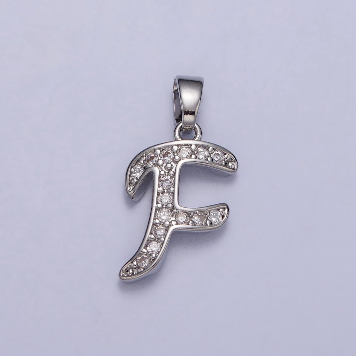 White Gold Filled Dainty Initial Letter Script A-Z Micro Paved CZ Personalized Pendant | A-390-A-402