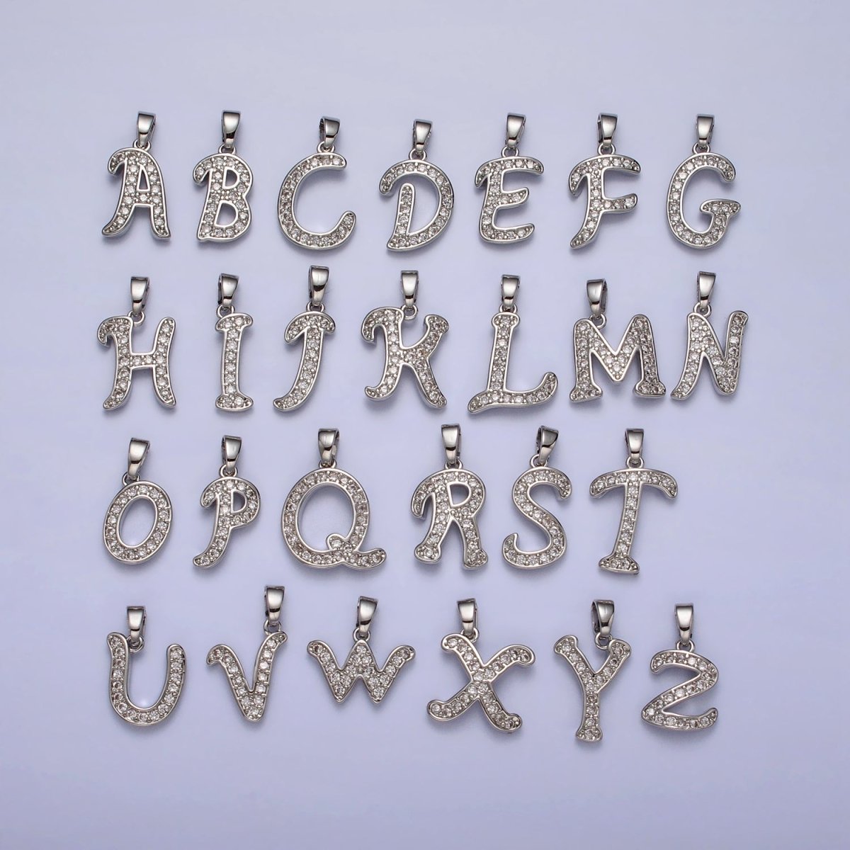 White Gold Filled Dainty Initial Letter Script A-Z Micro Paved CZ Personalized Pendant | A-390-A-402