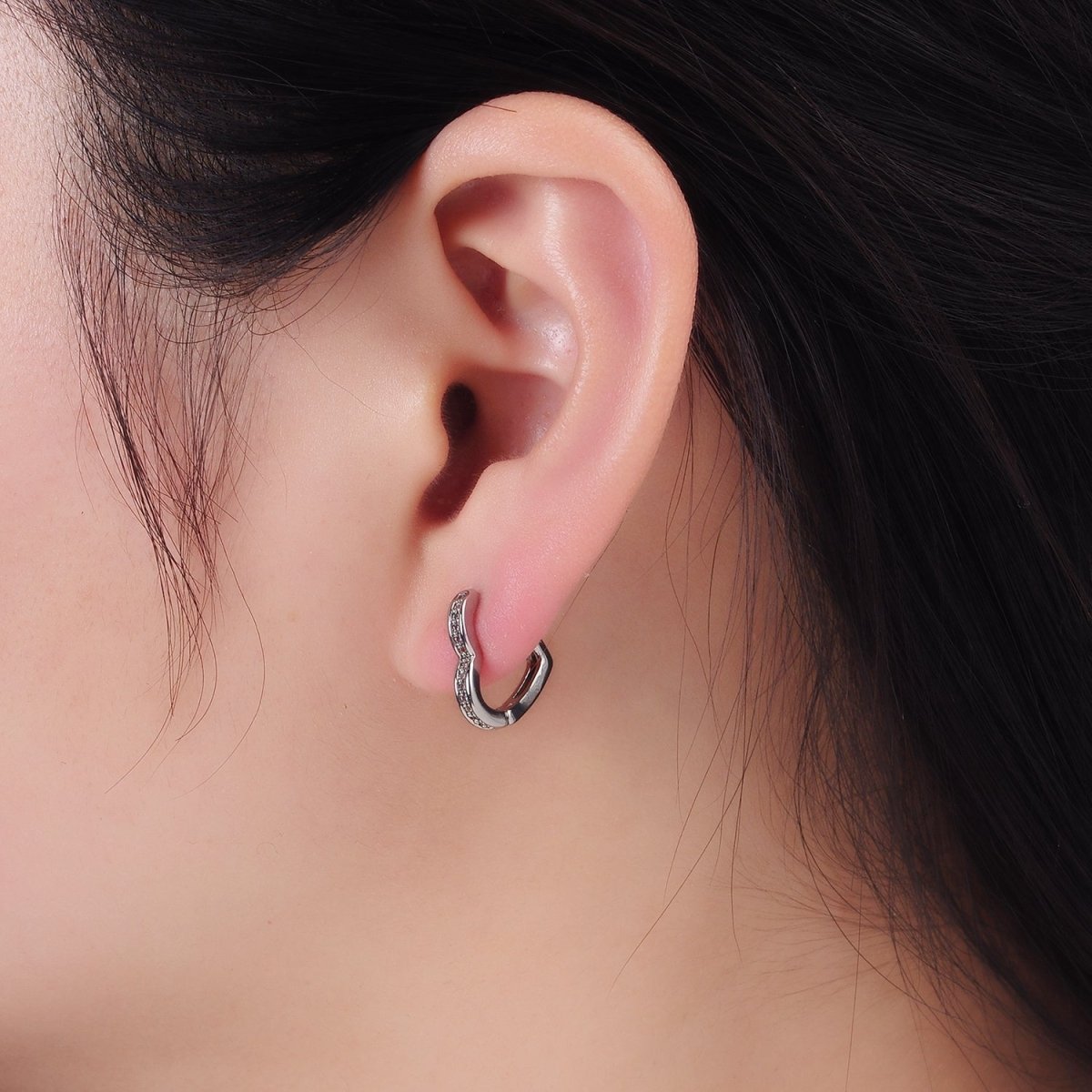 White Gold Filled Dotted Lined Heart Huggie Earrings | AB1271 - DLUXCA
