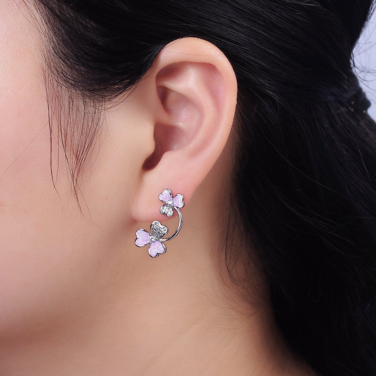 White Gold Filled Double Flower White, Purple Sparkly Enamel Micro Paved Stud Earrings | AE597 AE598