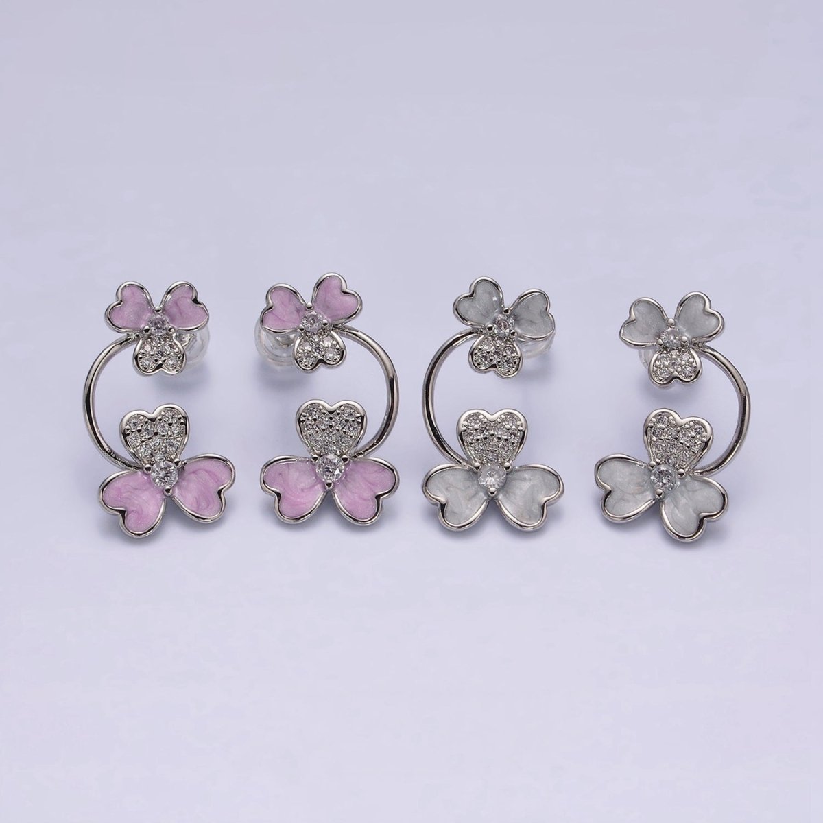 White Gold Filled Double Flower White, Purple Sparkly Enamel Micro Paved Stud Earrings | AE597 AE598