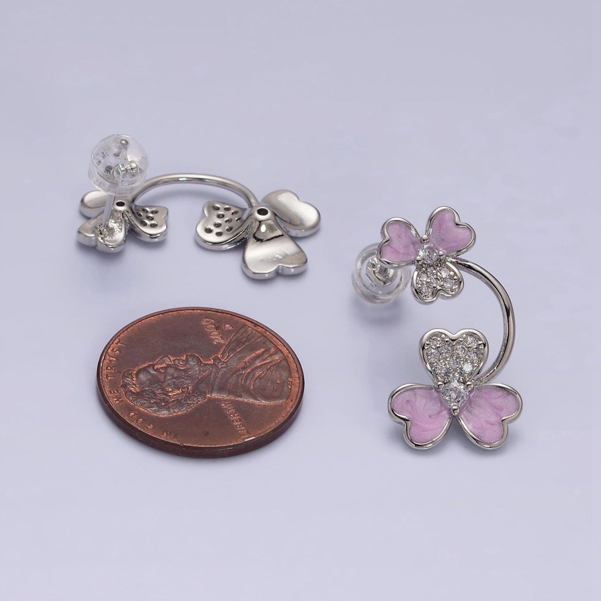 White Gold Filled Double Flower White, Purple Sparkly Enamel Micro Paved Stud Earrings | AE597 AE598