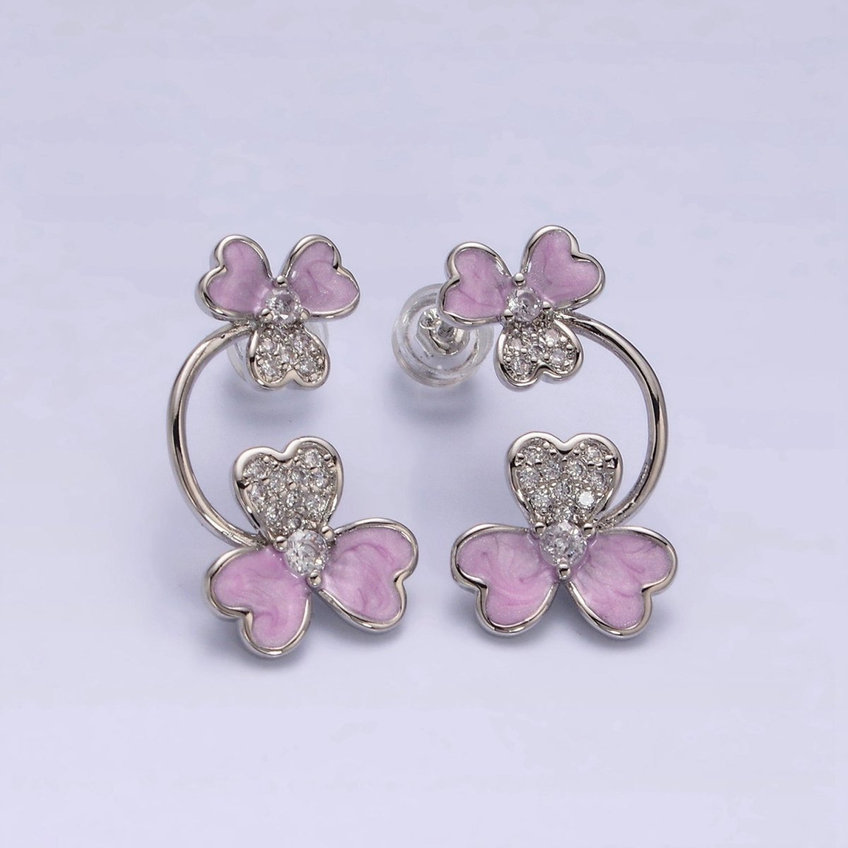 White Gold Filled Double Flower White, Purple Sparkly Enamel Micro Paved Stud Earrings | AE597 AE598