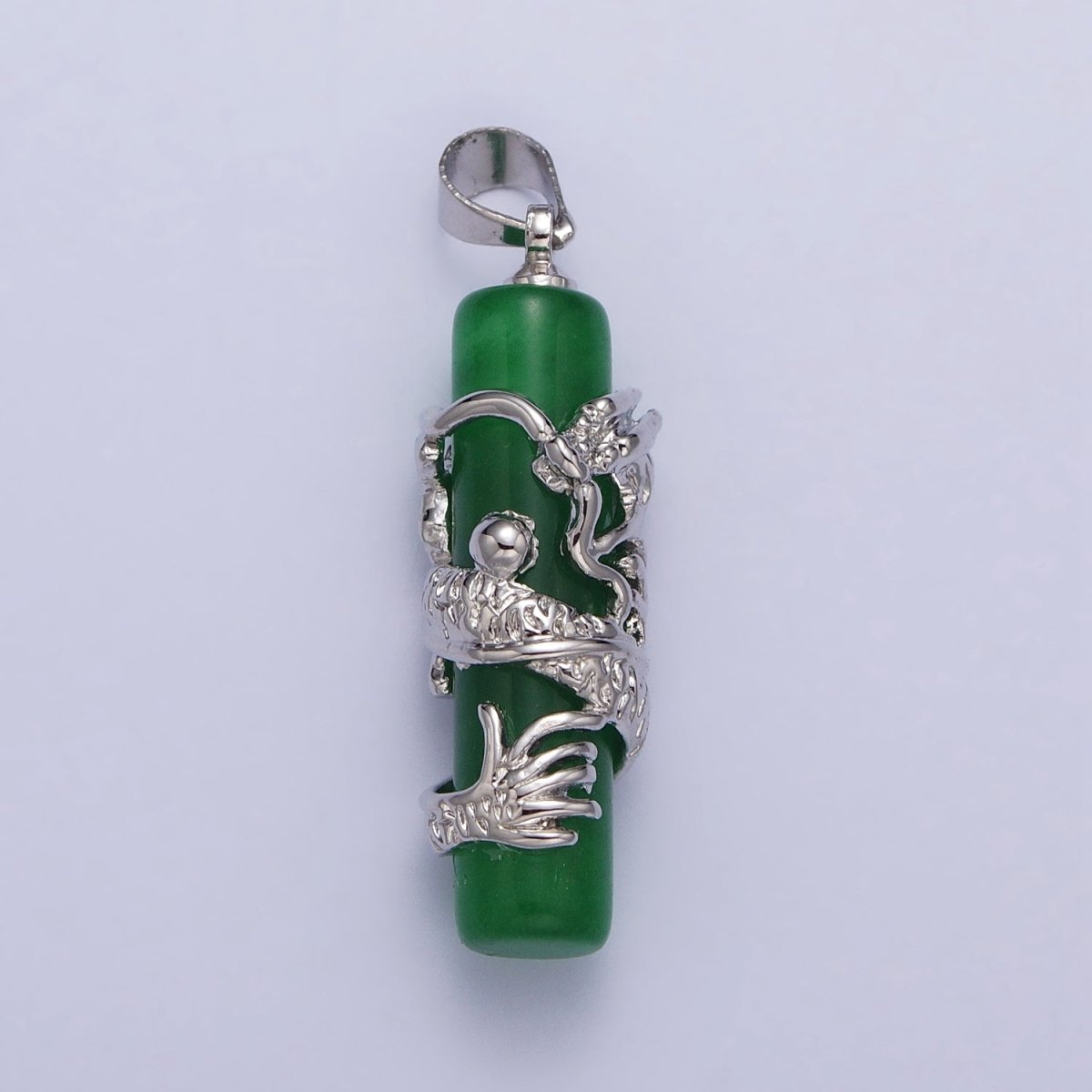 White Gold Filled Dragon Green Jade Cylinder Bar Amulet Pendant | AA102 - DLUXCA