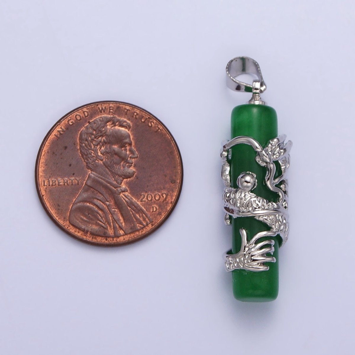 White Gold Filled Dragon Green Jade Cylinder Bar Amulet Pendant | AA102 - DLUXCA