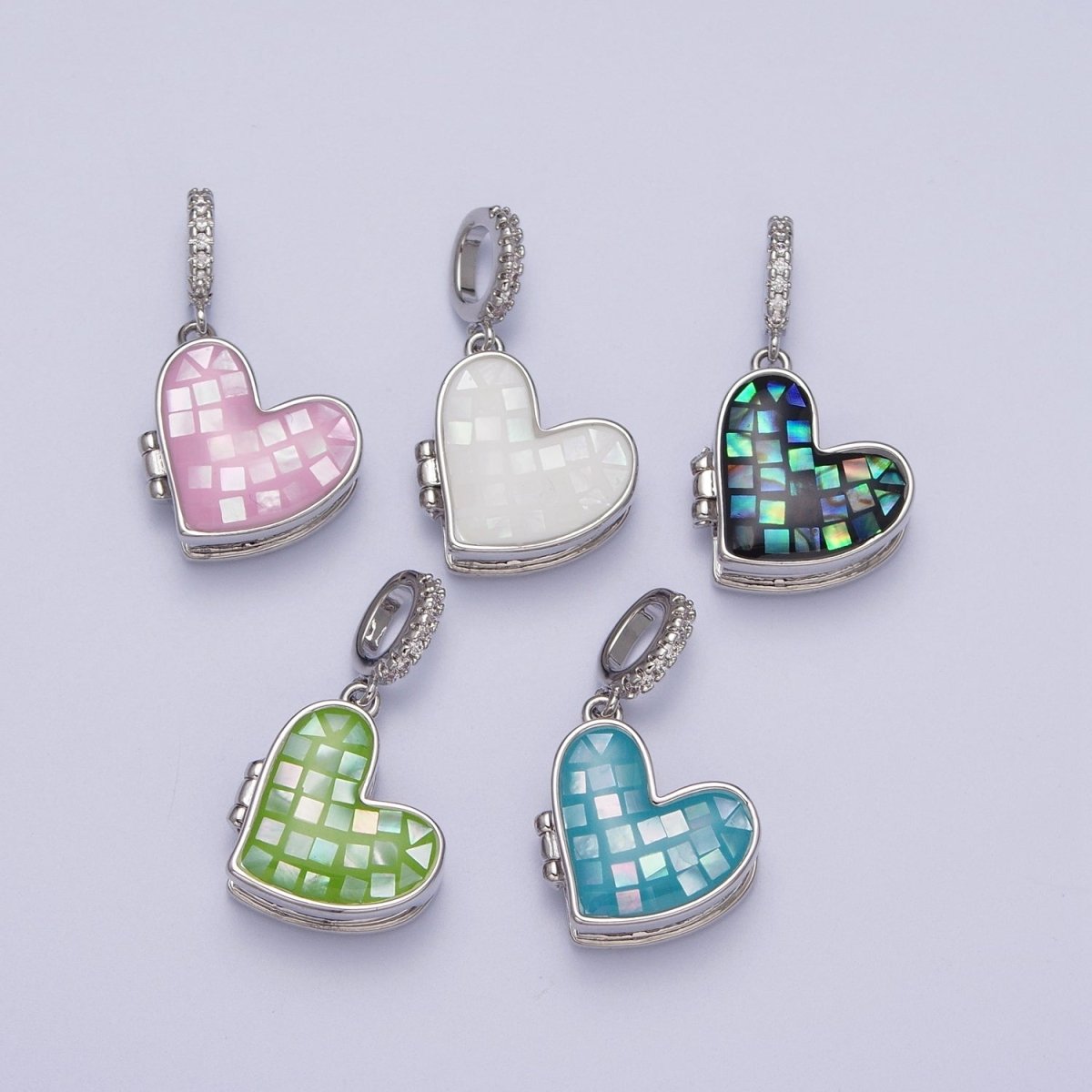 White Gold Filled Heart Black, Blue, Pink, White, Green Shell Opal Heart Locket Pendant H-086 H-090 H-091 H-097 H-103